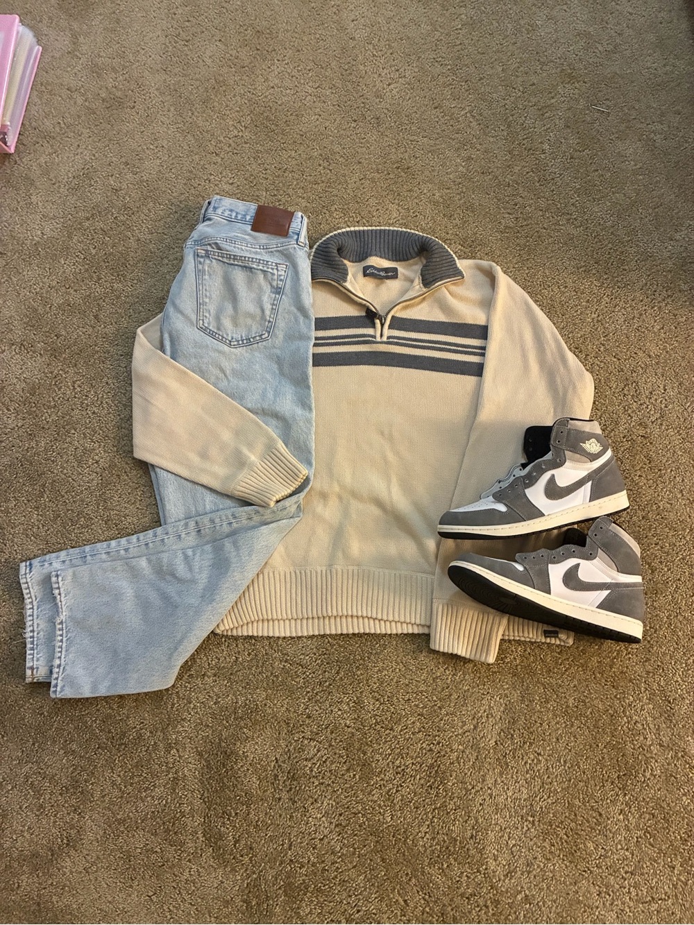 Eddie Bauer Cream Zip-Up Sweater with Navy Stripes